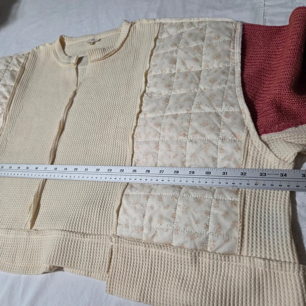 POL Mixed Media Waffle Knit Quilted Patchwork Pullover Top Cream Mauve YKT1307A - Picture 8 of 10